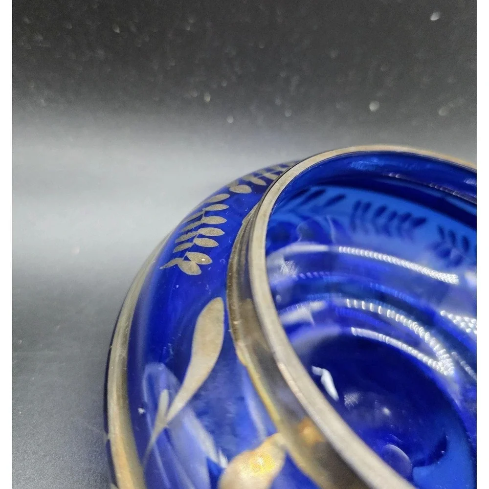 Vintage Cobalt Blue Italian Art Glass Silver Overlay Candy Dish Bowl 6